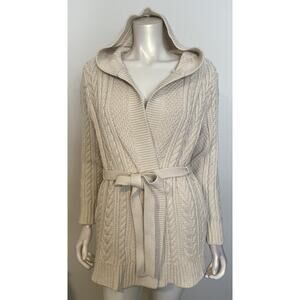 LL Bean Ivory Cotton Belted Cardigan Womens M LS Pockets Hood